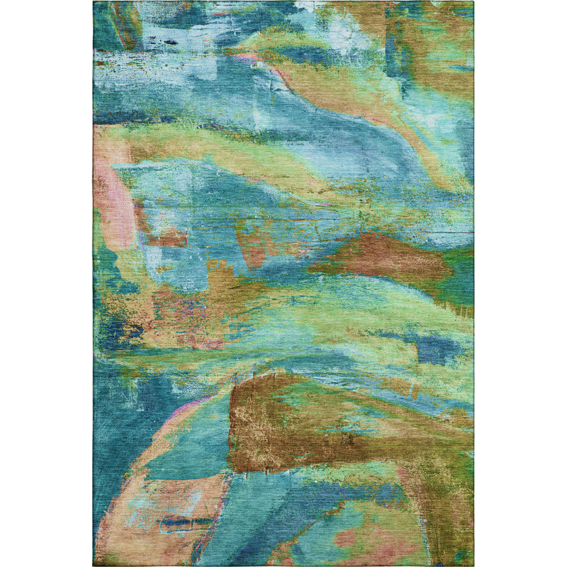 Premium Machine Washable Mayfield AMF2040 Abstract Rug, 9' x 12', Teal