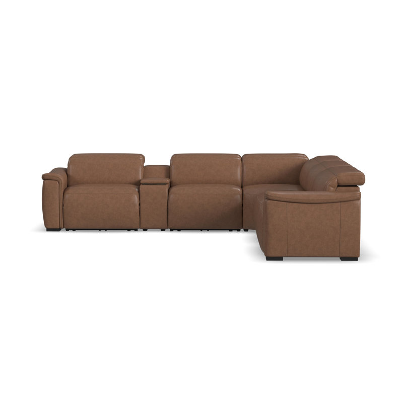 Caldwell 5 Seat Sectional With Console, Brown Geniune Leather