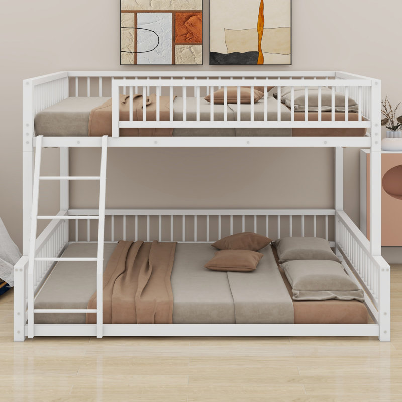 Floor Bunk Bed Frame With Ladder And Safety Guardrails, White, Full XL Over Queen