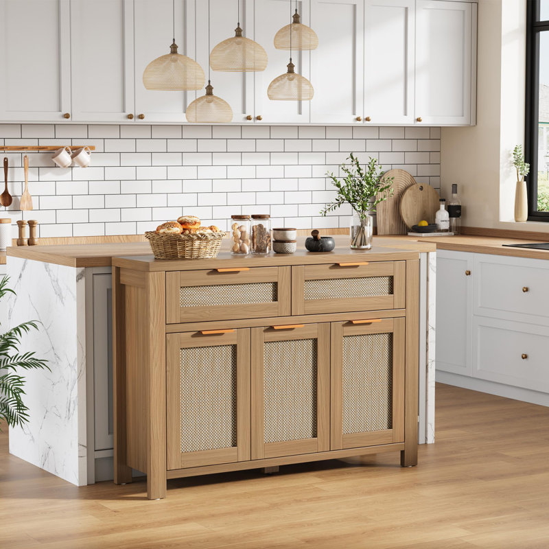 Rattan Buffet Cabinet, Boho Sideboard with 2 Drawers, Adjustable Shelf, High-Leg Storage Cabinet with Anti-Tip Hardware,for Kitchen,Dining Room,Entryway,Living Room, Light / Dark Oak
