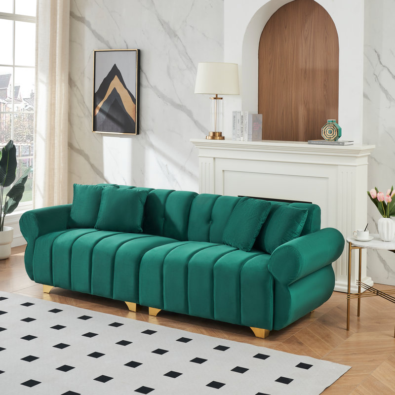 An 89-Inch Cloud-Shaped Velvet Sofa, A Three-Seater Living Room Sofa, Equipped With Golden Metal Footrests, Green