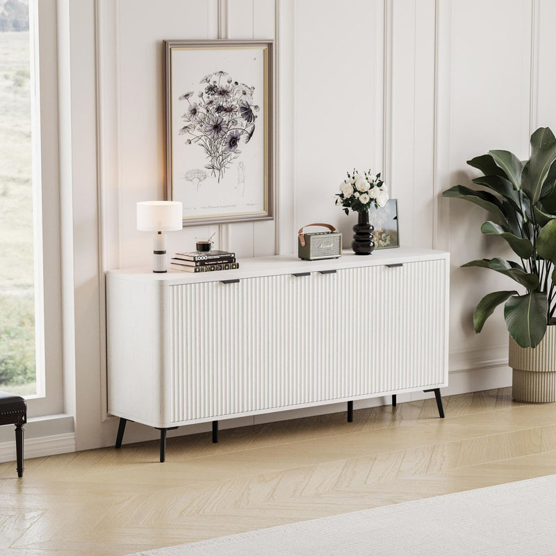 62.9 inch Flute Sideboard Cabinet with Adjustable Shelf, Curved Accent Cabinet with Metal Legs, Antique White