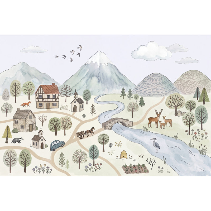 Papier peint pastel paysage aquarelle campagne livre d'illustrations amovible, 100"x96", Non tissé
