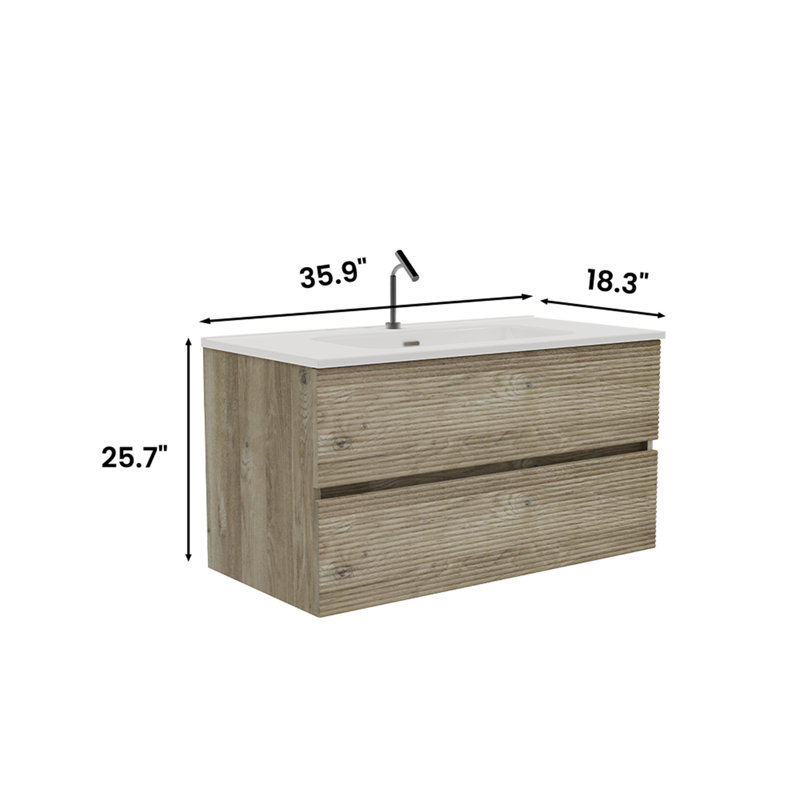 Meuble-lavabo mural 36 po en chêne brut et chêne brut avec lavabo intégré en céramique avec trop-plein, grand meuble-lavabo flottant avec rangement pour salle de bain moderne