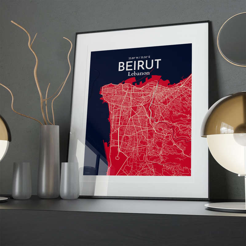 Carte de la ville de Beyrouth, impression maritime, H 20 po x l 16 po, Rouge / Bleu marine