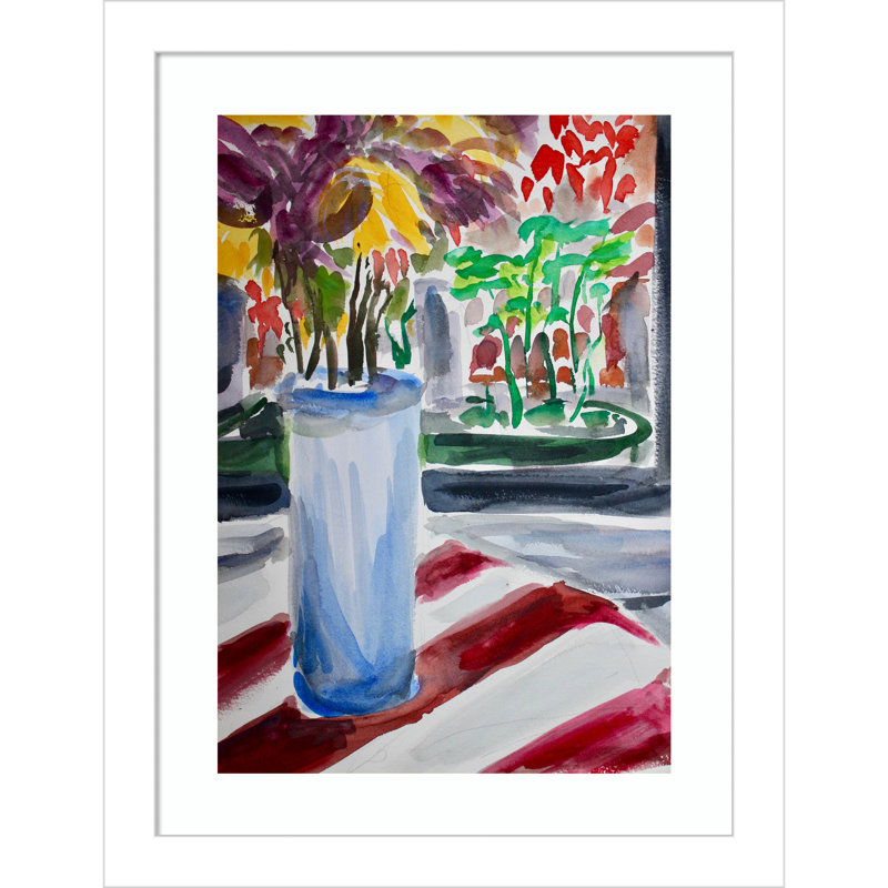 Montpellier Blue Vase And Window Box Framed On Paper by Montpellier Print, 13" H x 10" W x 1" D, White