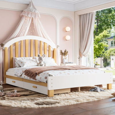 Lit plateforme double avec tiroir de rangement, lit simple en bois avec tête de lit ronde, aucun sommier requis, blanc et naturel