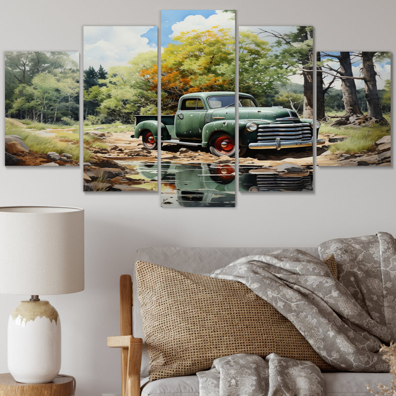 Camionnette Tranquil Lakeside II - Transport, art mural, salon - 5 panneaux