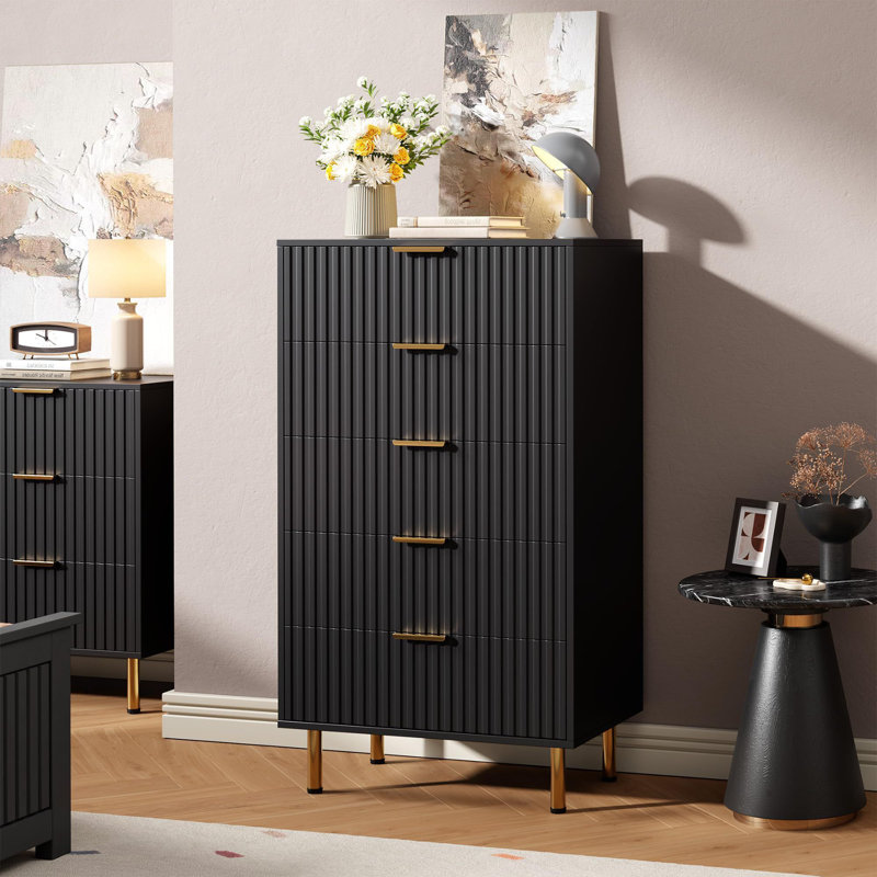 47" Tall  Fluted 5 Drawer Dresser For Bedroom, Deep Drawers, Black