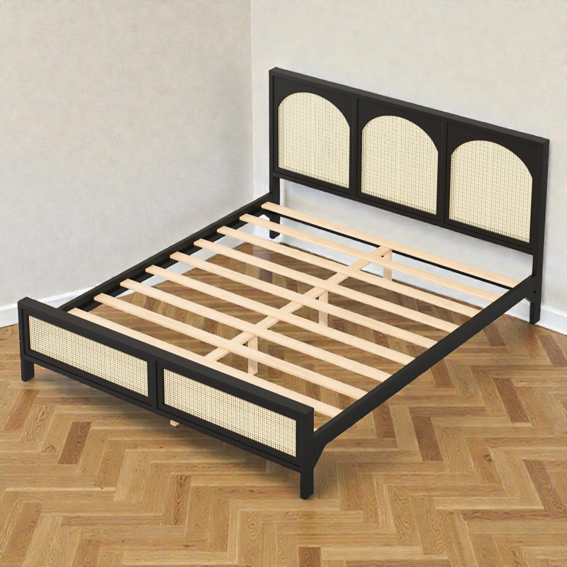 Wood Platform Bed With Rattan Headboard & Footboard, Wood Frame, Bohemian, Bedroom, Black/Beige, Queen