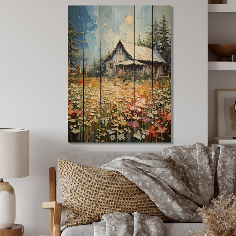 Farmhouse Reflections Pointillism On Wood Print, H 32 po x l 24 po x P 0,78 po