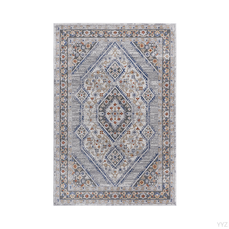 Tapis bleu / crème / bordé de la collection LOOM & LuxE, Rectangle 7 pi 9 po x 10 pi