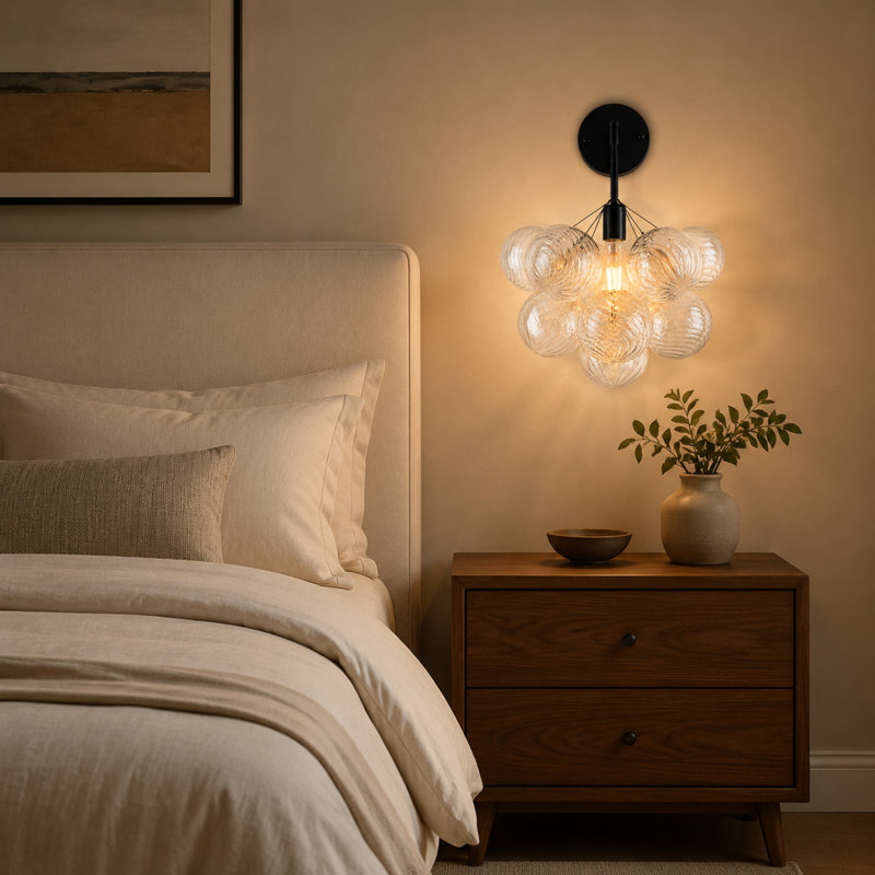 Applique murale noire à une lumière de 15 pouces de large avec 8 globes en verre transparent côtelé