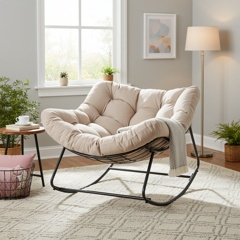Chaise berçante surdimensionnée turquoise avec coussin épais Papasan, chaise berçante d'extérieur, mobilier de patio, Beige
