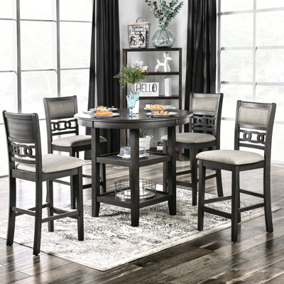 5 tables de salle à manger à hauteur de comptoir, table ronde grise avec tablettes de rangement, 4 chaises rembourrées en tissu, table de conception esthétique transitionnelle, sièges de chaises,