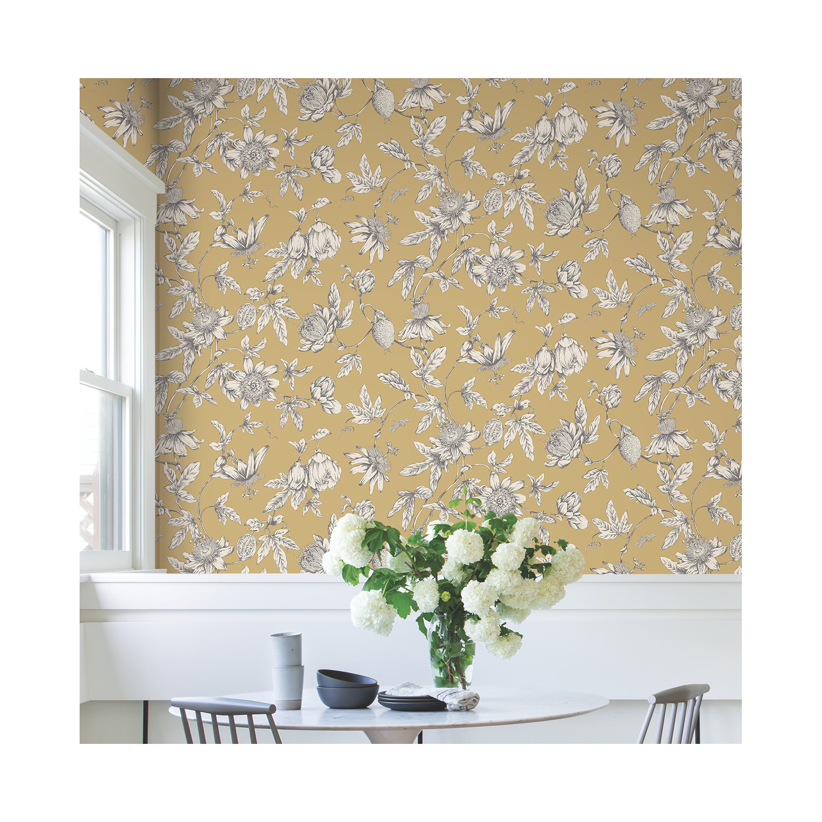 Passion Flower Toile Floral Wallpaper, Harvest