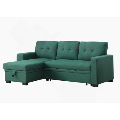 Green L-shaped Sofa with Wooden Accent, Convertible Design and Storage for Enhanced Comfort and Space Efficiency