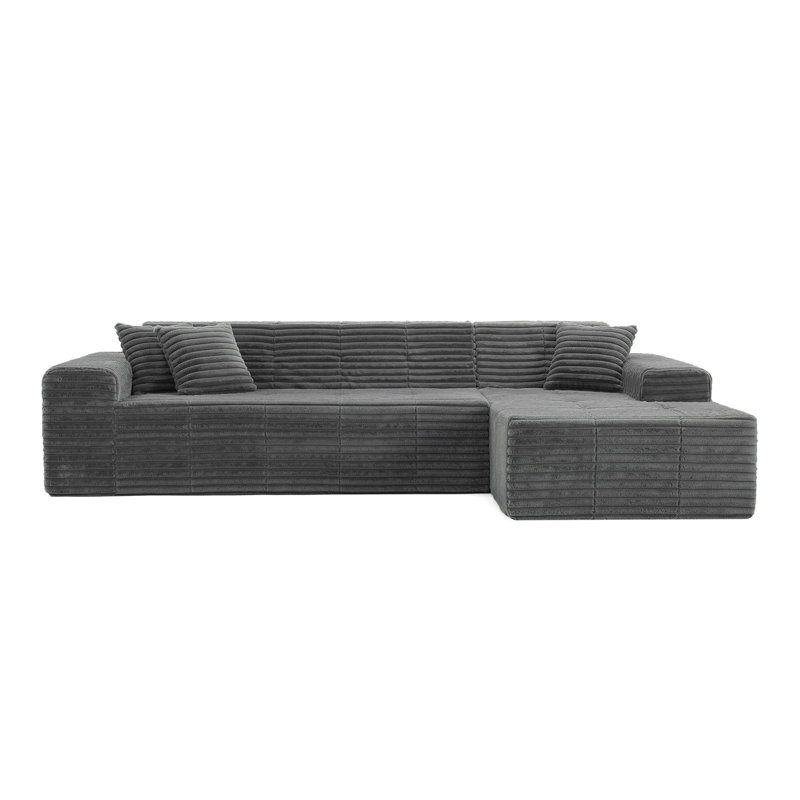 Upholstered 2-Piece Gray Faux Rabbit Fur Flannel Sofa With Pillows – All Foam Compressed And No-Assembly Modular Design