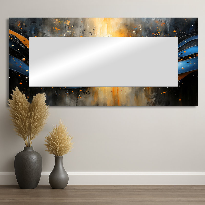 Dérive optique Golden Blue Wave - Op Art grand miroir mural - imprimé sur métal, 28 po x 60 po