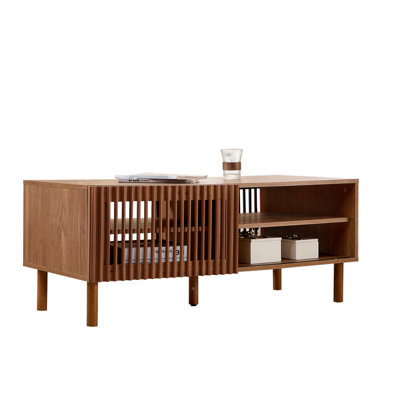 43.3'' Modern Walnut Coffee Table With Sliding Door And Painted Wood Legs