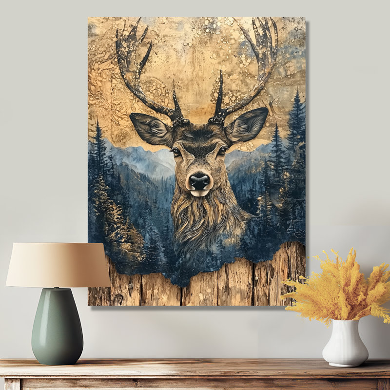 Portrait de cerf avec paysage à l'encre de chine - reproduction d'art moderne en métal, art mural en métal cerf