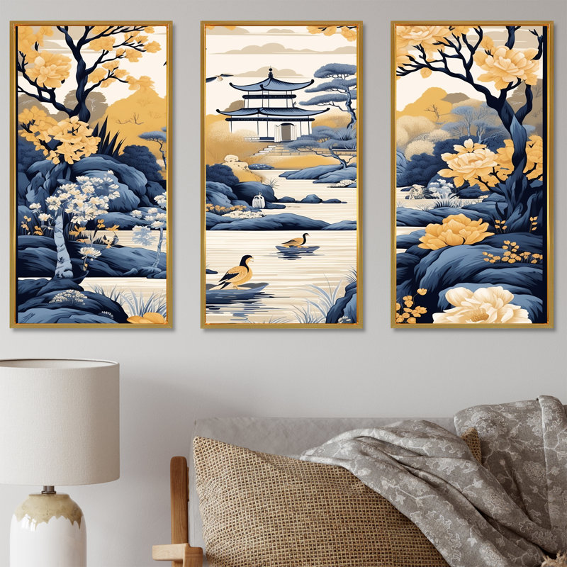«Blue and Yellow China Blooming Landscape II», art mural Chine, Cadre flottant doré, H 28 po x l 36 po x P 1 po
