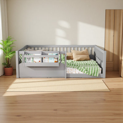 Floor Bed With Heightened Fence And Bookshelf ,Wood Floor Bed For Kids