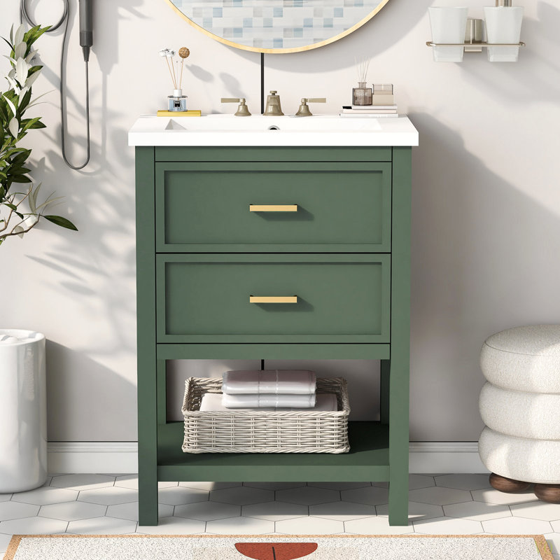 Meuble-lavabo 24 po avec lavabo supérieur, meuble-lavabo moderne avec 2 tiroirs et meuble-lavabo simple, Vert