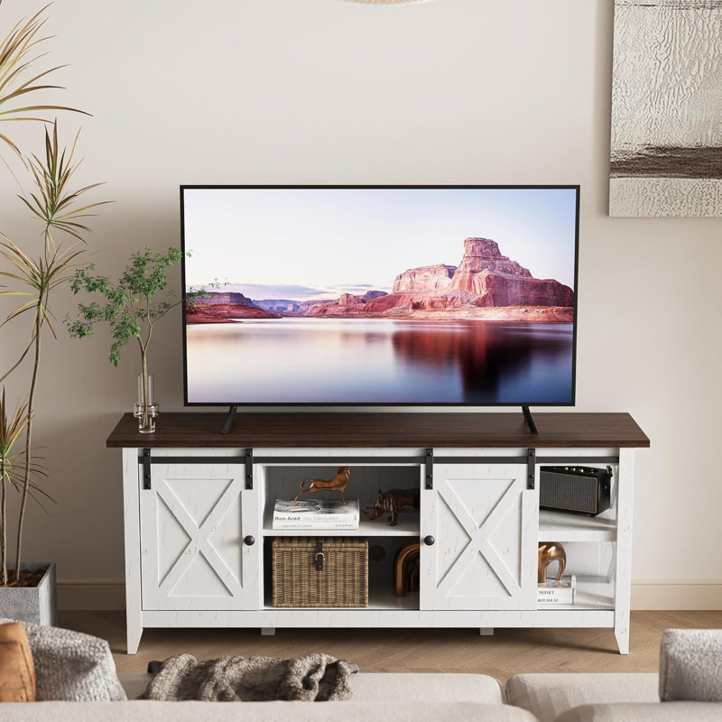 Farmhouse Tv Stand For 65 Inch Tvs, Entertainment Center With 2 Sliding Barn Door