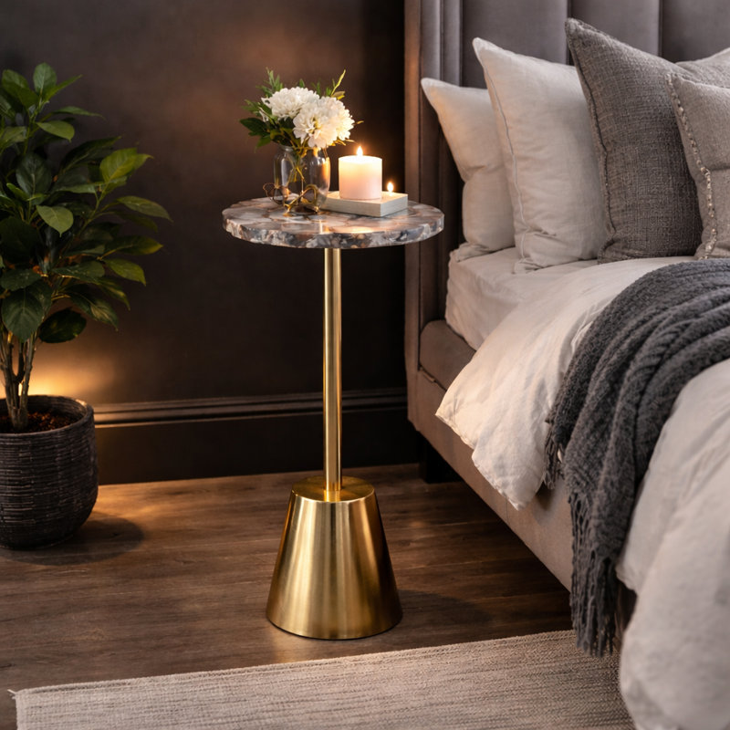 Apolaya Agate Side Table - Modern Natural Stone End Table with Gold Base, Small Accent Table for Living Room 24"