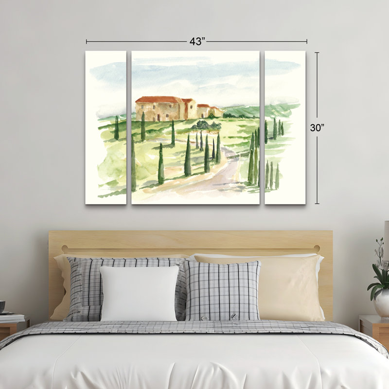 Ensemble de 3 panneaux - Ethan Harper «Watercolor Tuscan Villa I», art mural sur toile pour le salon, la chambre à coucher ou le bureau 