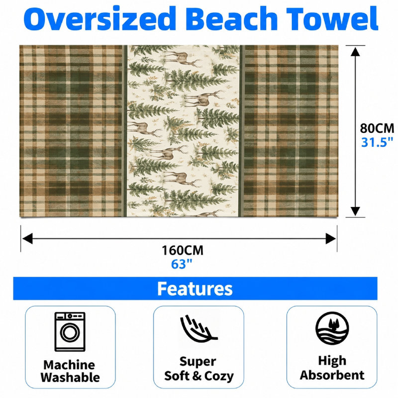 1 serviette de plage à imprimé forêt de cerf Woodland, avec bordures à carreaux classiques et arbres fantaisistes, microfibre douce, idéale pour la piscine, le voyage, unisexe