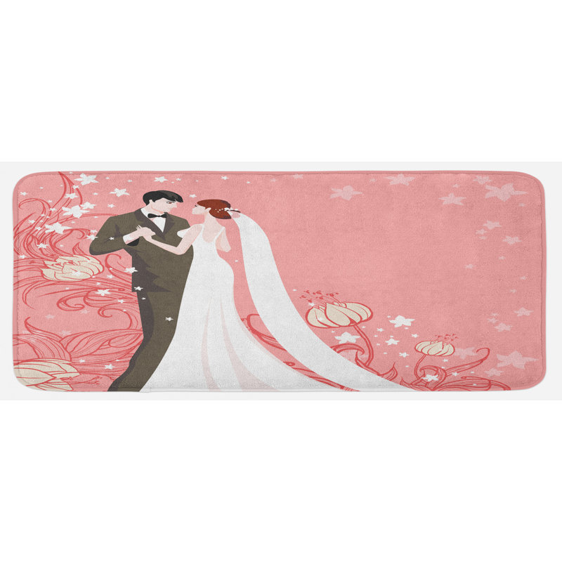 Tapis de cuisine abstrait noir en matière de mariage de mariés de mariés à motif rose