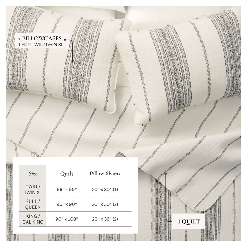 Ensemble de courtepointe réversible rayé de style campagnard avec taies décoratives, Blanc / Gris
