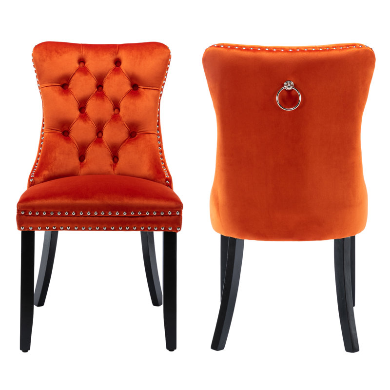 Tufted Velvet Wing Back Side Dining Chairs, Black, Orange