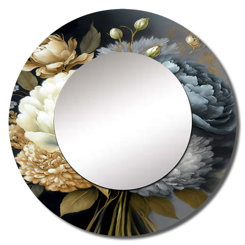 Spiegleman White, Blue And Grey Peony Bouquet II - Peonies Large Mirror, Modern Round Decorative Wall Mirror, Printed Metal Art