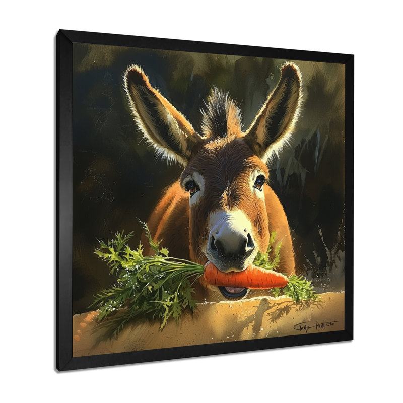 «Whimsical Donkey Carrot» - impression murale d'âne, H 16 po x l 16 po, Reproduction encadrée, Noir