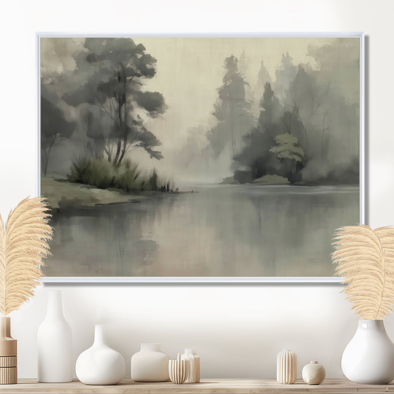 «Morning Fog Pine Tree Mountain Trail», reproduction d'art sur toile, paysage gris, H 30 po x l 40 po, Cadre flottant, Blanc