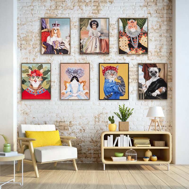 «Dynamic Bohemian Cat In Art», 16,5 po x 20,5 po, cadre doré, tête florale, art mural sur toile, 16,5 po x 20,5 po, intérieur