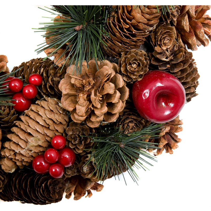 Christmas Hanging Wreath Large - Festive Pine Cone Display with Red Berries, 32cm x 32cm
