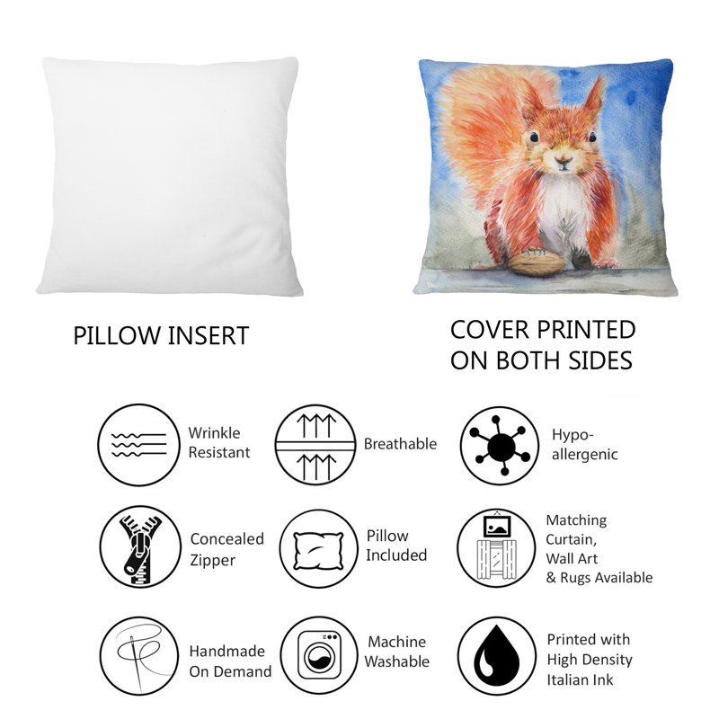 Mignon écureuil moelleux rouge sur fond bleu - coussin décoratif traditionnel imprimé 1