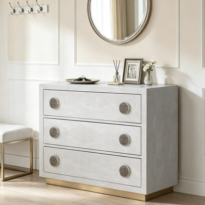 Faux Crocodile 3‑Drawer Storage Cabinet with Satin Brass Base