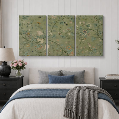 Motif floral rétro vert, images de salle à manger, impression sur toile encadrée, 3 pièces, 3 pièces