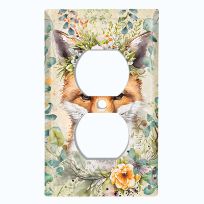 Metal Light Switch Plate Outlet Cover (Fox Animal Flower Head Wreath - Single Duplex)