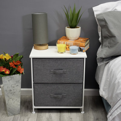 Fiffie Bedside Table Nightstand Unit - White Metal Frame. Wooden Top. Grey Fabric Drawers