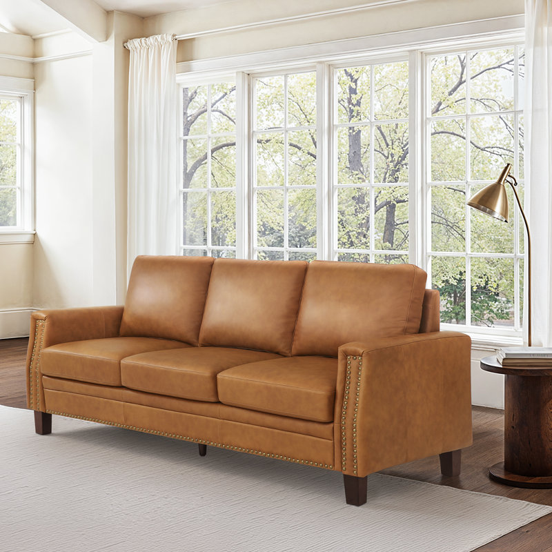 Sampson  83.9 " Genuine Leather Square Arm 3-Seat Sofa, Whiskey Brown