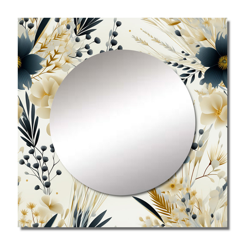 Neutral Flowers Accents - Bohemian & Eclectic Square Mirror Wall Art For Bathroom, 23" x 23"