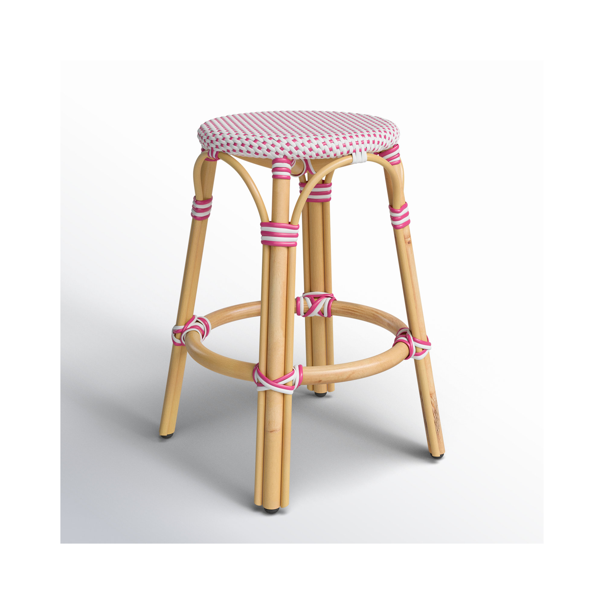 Alastair Bar & Counter Stool, White/Pink Dot/Natural Rattan Frame, Counter Stool (24" Seat Height)