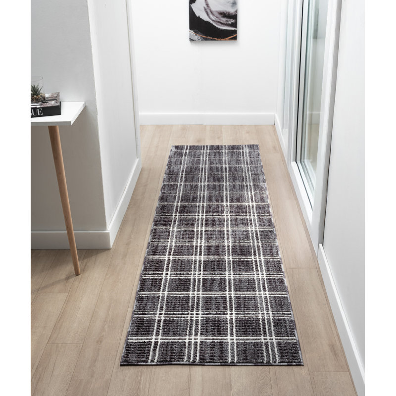 Clowers Collection Charcoal/White Plaid Patterned Area Rug, 2'4 x 8' Runner, Runner 2'1" x 7'9"