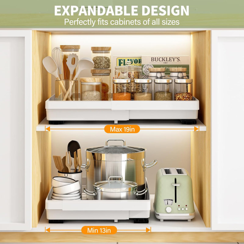 Rangement extensible sous l'évier, tiroir en plastique coulissant pour garde-manger de cuisine, paquet de 2 (blanc), Blanc